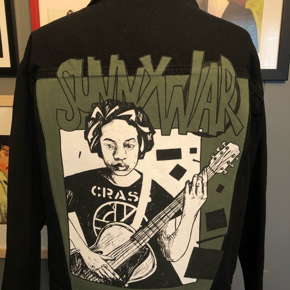 Sunny War Up-Cycled Black and Green Graphic Denim Jacket Women’s Size XL